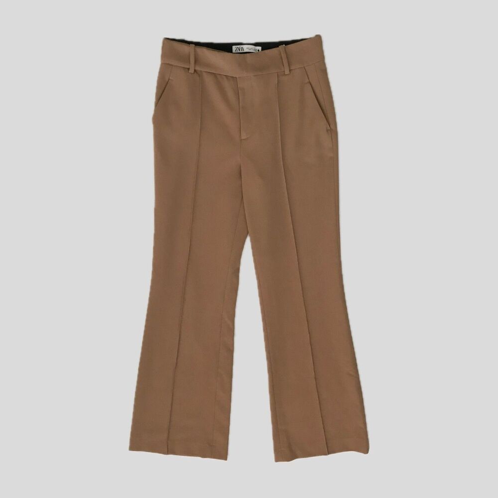 Zara Tan Neutral Mid Rise Flared Pants Trousers Women's Size S